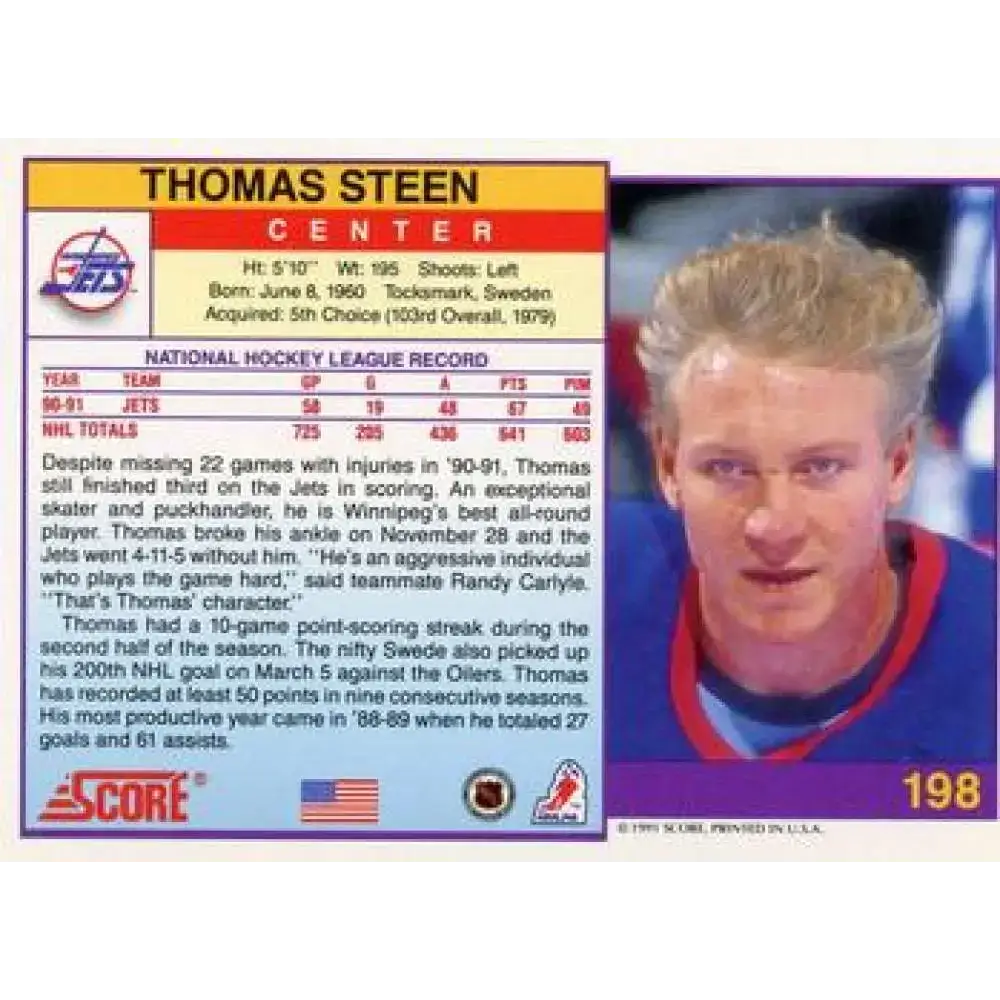 1991-92 Score American #198 Thomas Steen NM-MT Winnipeg Jets Hockey Card - Hockey Card Single
