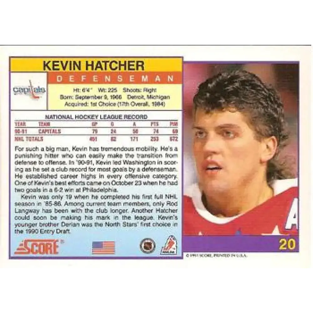 1991-92 Score American #20 Kevin Hatcher NM-MT Washington Capitals Hockey Card - Hockey Card Single