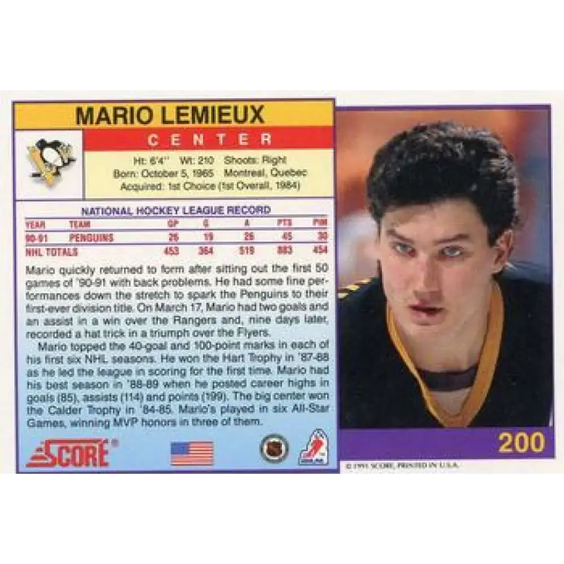 1991-92 Score American #200 Mario Lemieux NM-MT Pittsburgh Penguins Hockey Card - Hockey Card Single
