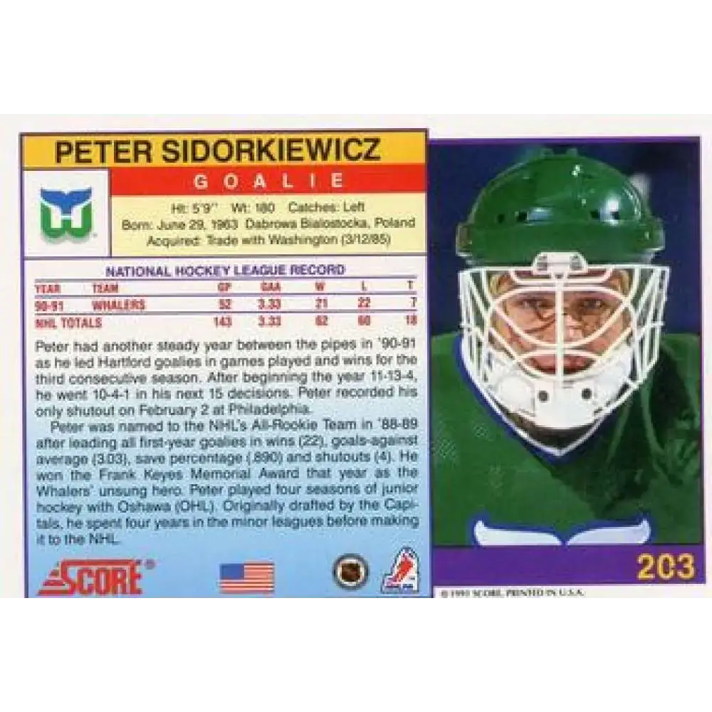 1991-92 Score American #203 Peter Sidorkiewicz NM-MT Hartford Whalers Hockey Card - Hockey Card Single
