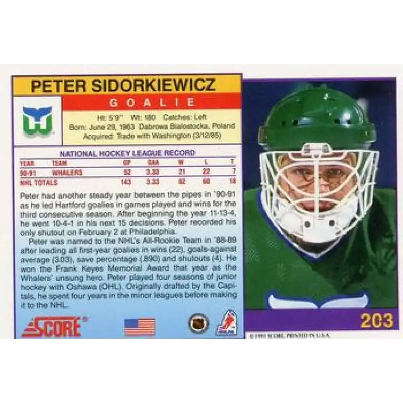 1991-92 Score American #203 Peter Sidorkiewicz NM-MT Hartford Whalers Hockey Card - Hockey Card Single