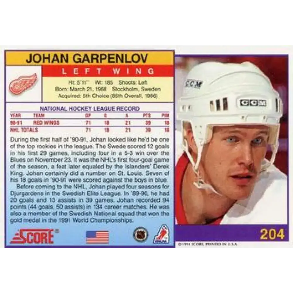 1991-92 Score American #204 Johan Garpenlov NM-MT Detroit Red Wings Hockey Card
