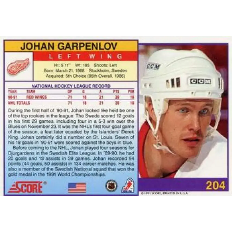 1991-92 Score American #204 Johan Garpenlov NM-MT Detroit Red Wings Hockey Card