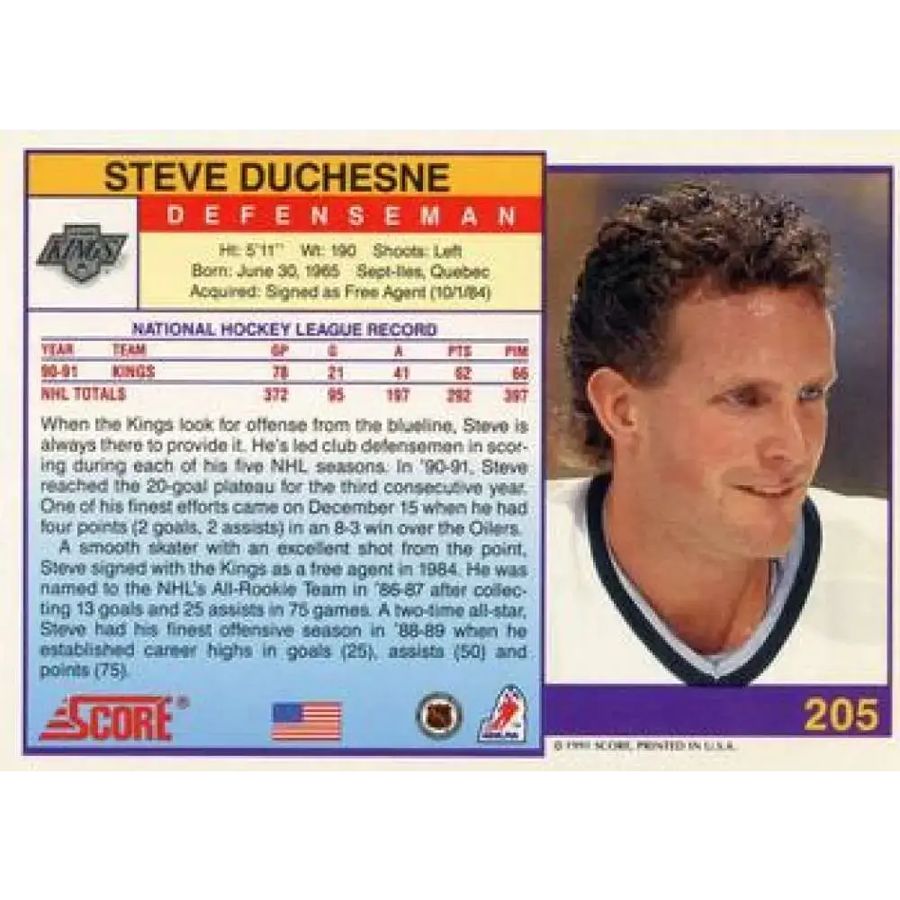 1991-92 Score American #205 Steve Duchesne NM-MT Los Angeles Kings Hockey Card - Hockey Card Single