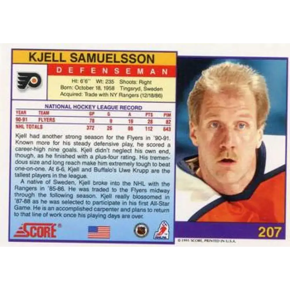 1991-92 Score American #207 Kjell Samuelsson NM-MT Philadelphia Flyers Hockey Card - Hockey Card Single