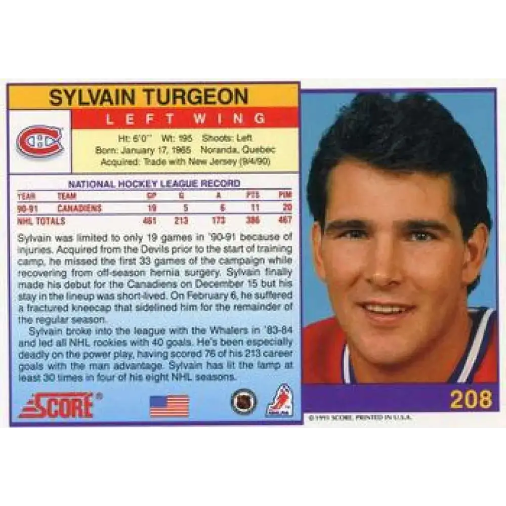 1991-92 Score American #208 Sylvain Turgeon NM-MT Montreal Canadiens Hockey Card - Hockey Card Single