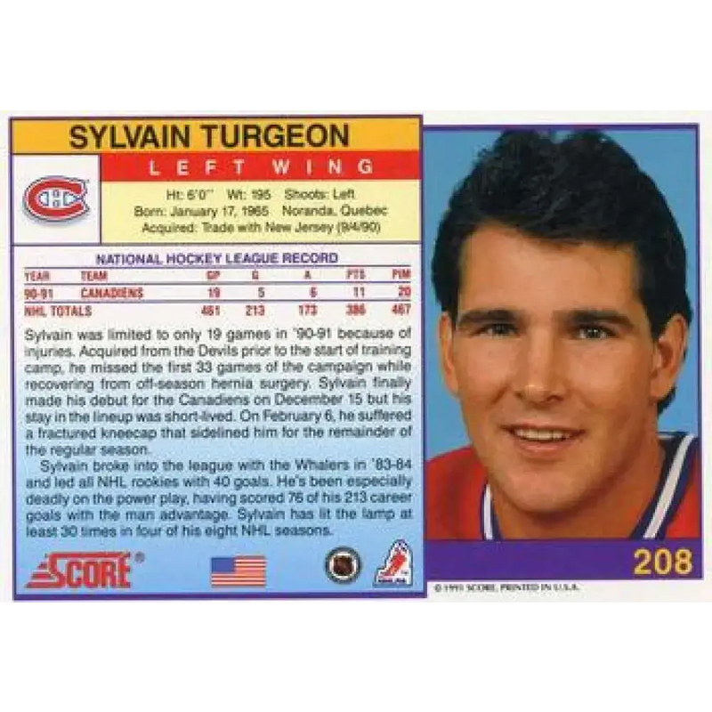 1991-92 Score American #208 Sylvain Turgeon NM-MT Montreal Canadiens Hockey Card - Hockey Card Single