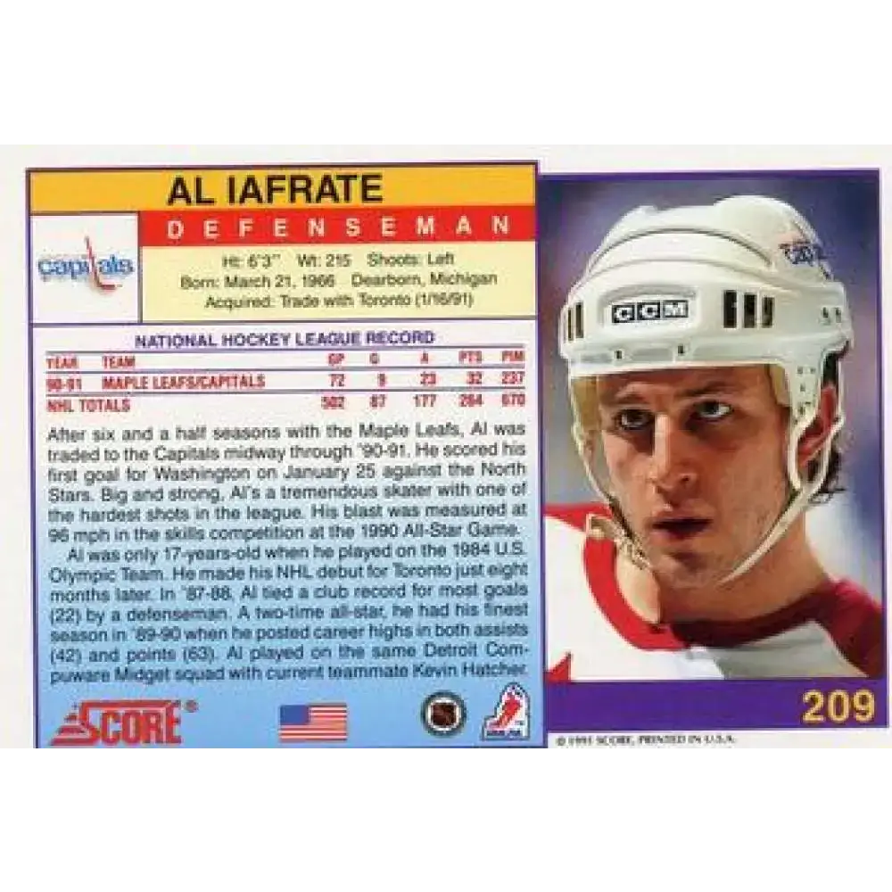 1991-92 Score American #209 Al Iafrate NM-MT Washington Capitals Hockey Card - Hockey Card Single