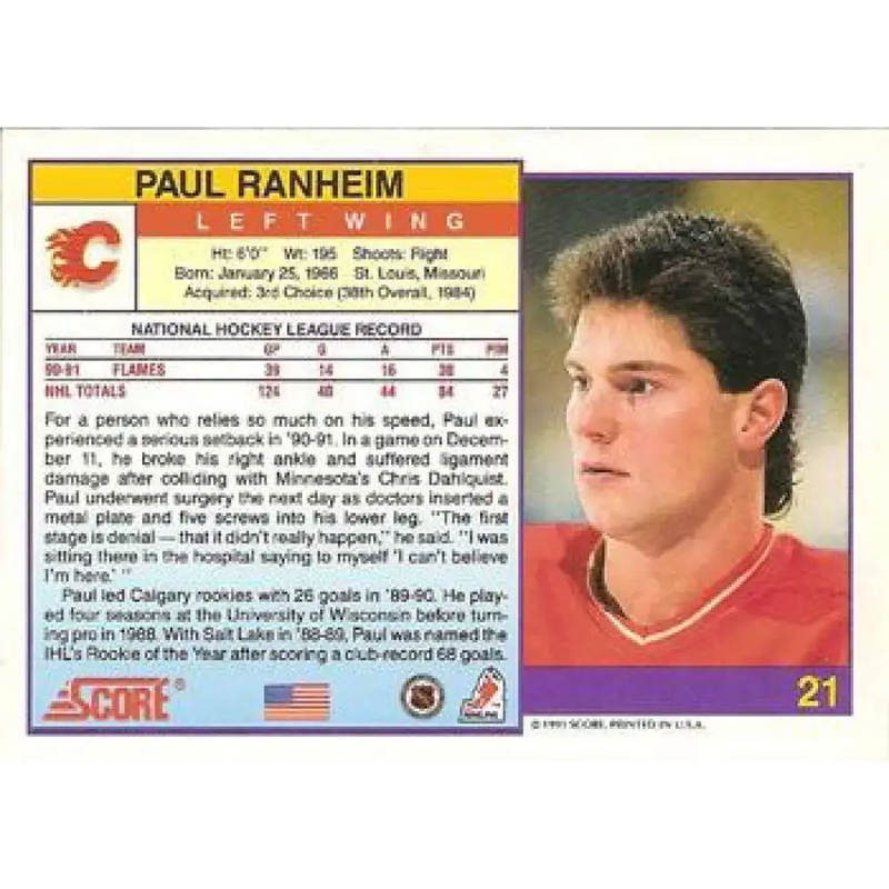 1991-92 Score American #21 Paul Ranheim NM-MT Calgary Flames Hockey Card - Hockey Card Single
