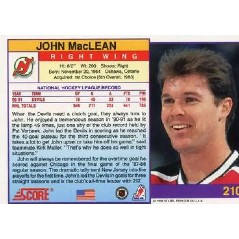 1991-92 Score American #210 John MacLean NM-MT New Jersey Devils Hockey Card - Hockey Card Single
