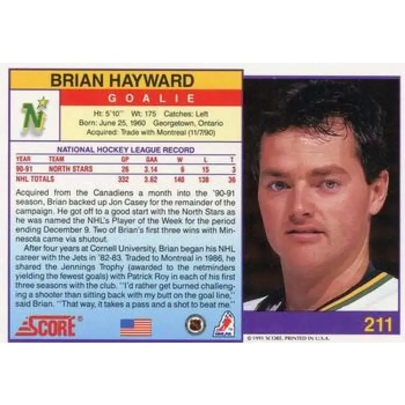 1991-92 Score American #211 Brian Hayward NM-MT Minnesota North Stars Hockey Card