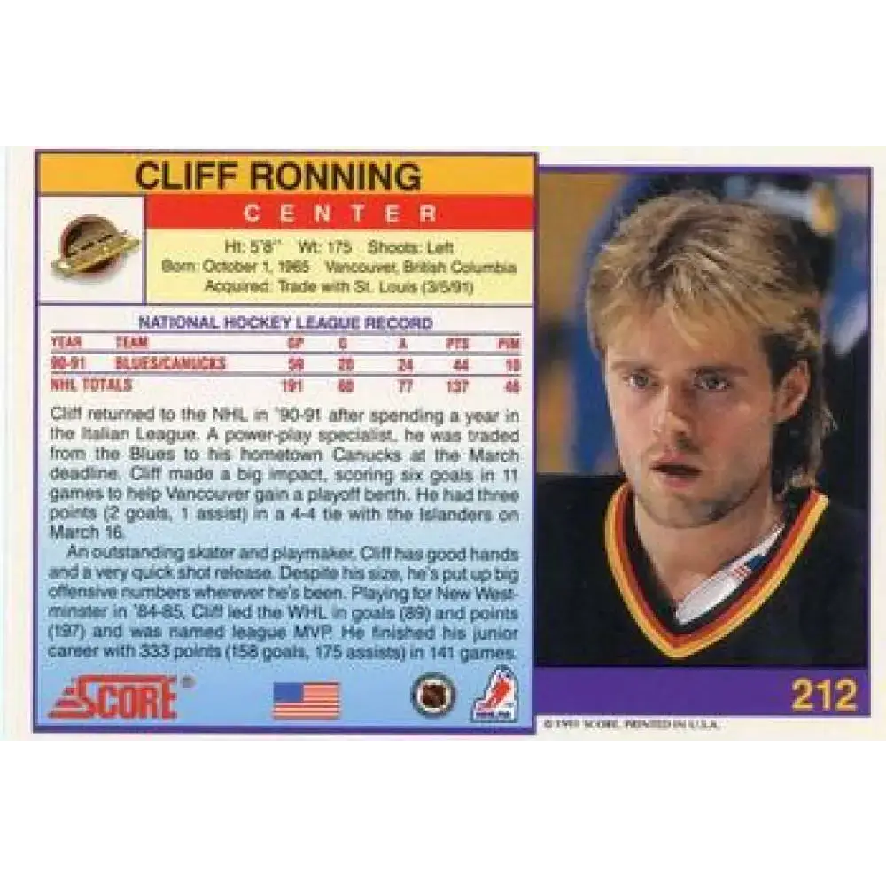 1991-92 Score American #212 Cliff Ronning NM-MT Vancouver Canucks Hockey Card - Hockey Card Single