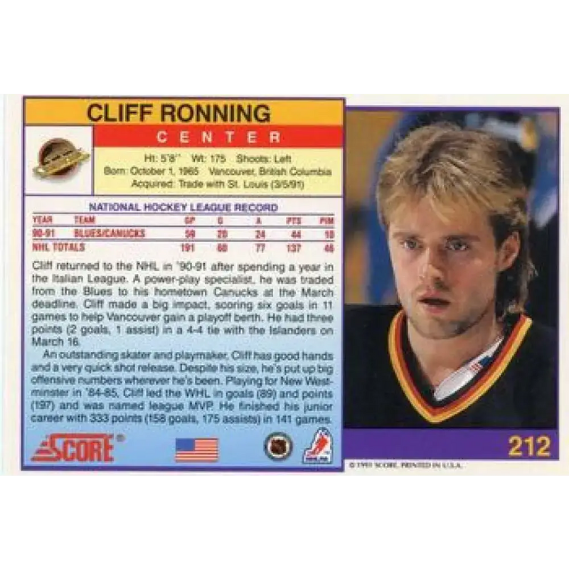 1991-92 Score American #212 Cliff Ronning NM-MT Vancouver Canucks Hockey Card - Hockey Card Single