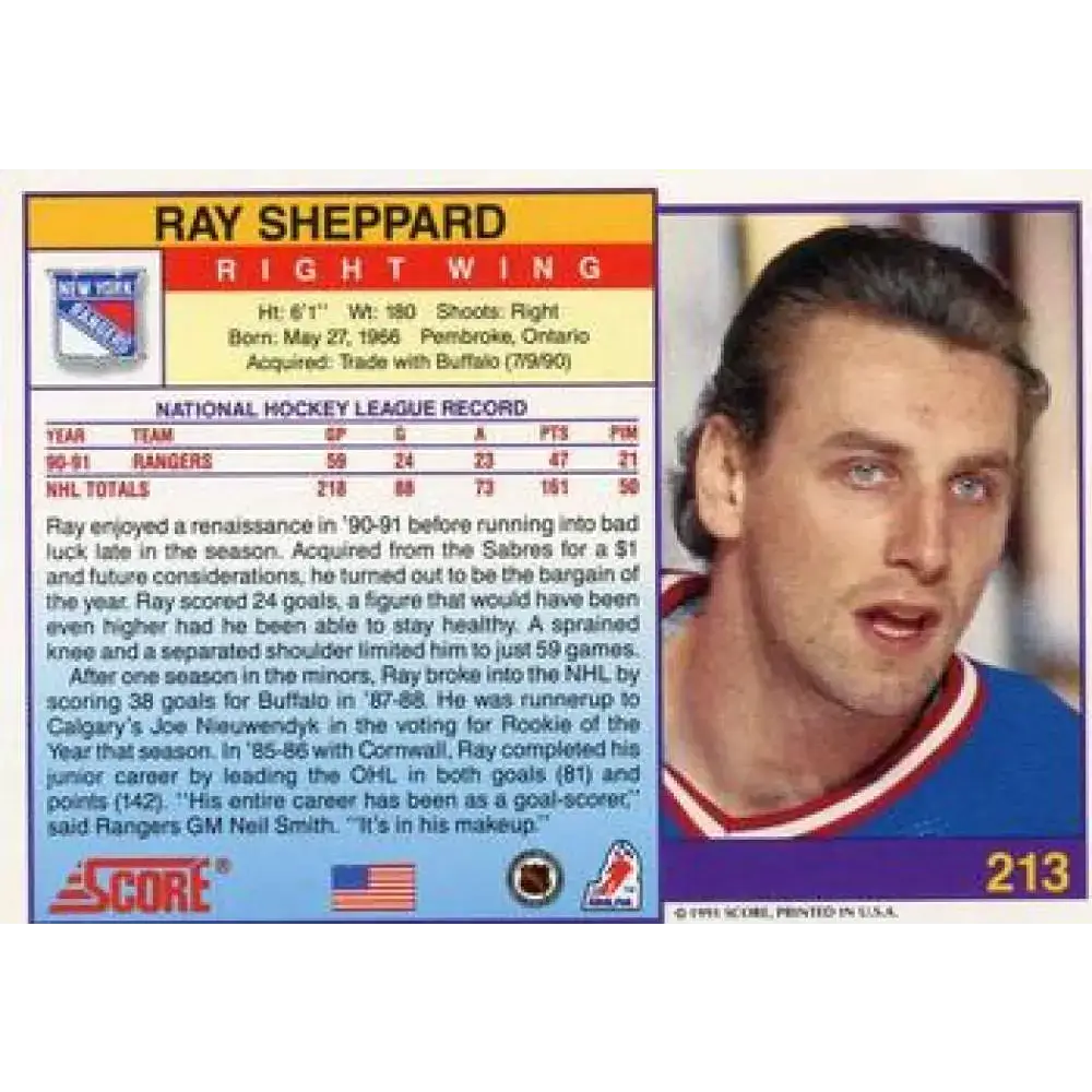 1991-92 Score American #213 Ray Sheppard NM-MT New York Rangers Hockey Card - Hockey Card Single