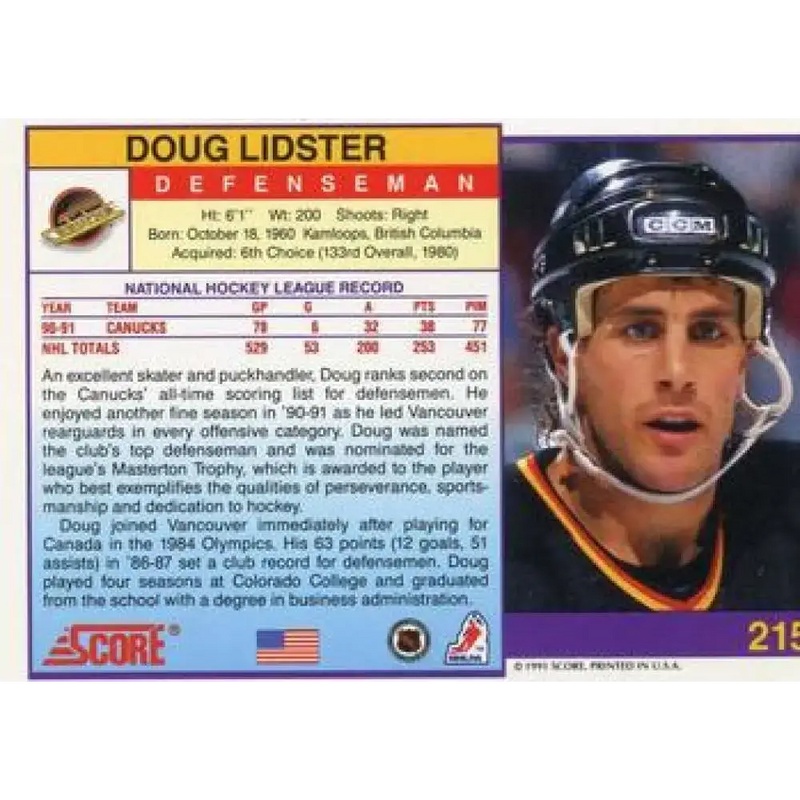 1991-92 Score American #215 Doug Lidster NM-MT Vancouver Canucks Hockey Card - Hockey Card Single