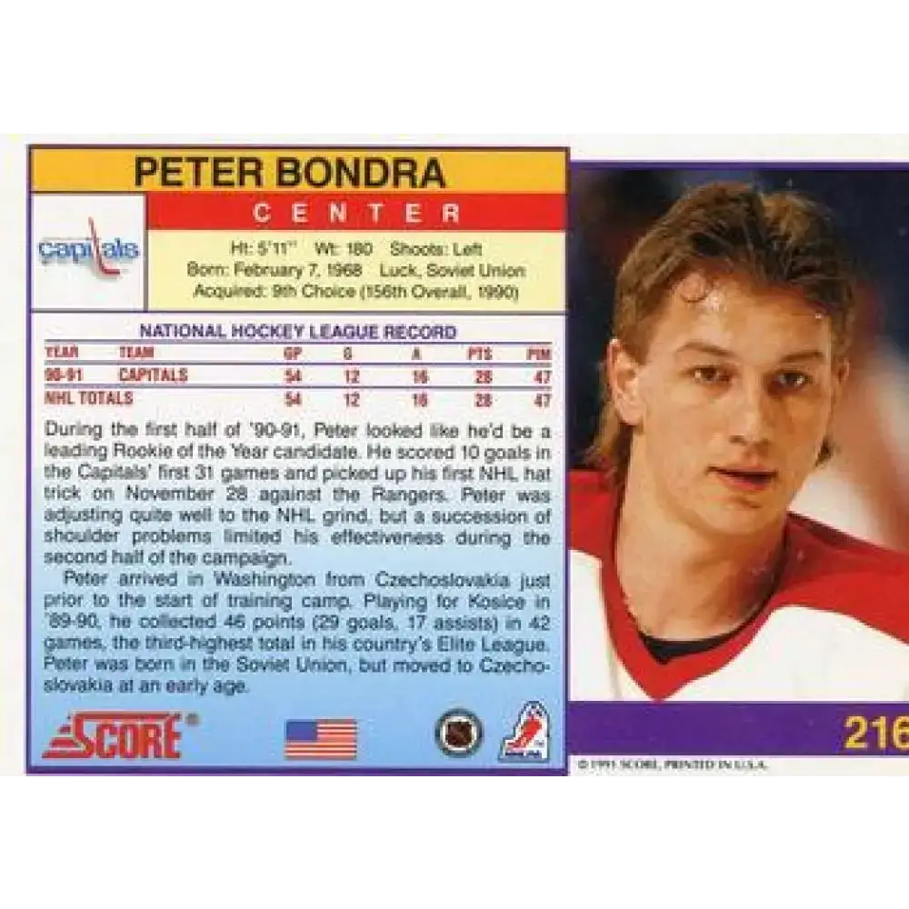 1991-92 Score American #216 Peter Bondra NM-MT Washington Capitals Hockey Card - Hockey Card Single