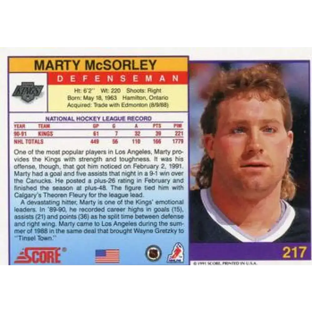 1991-92 Score American #217 Marty McSorley NM-MT Los Angeles Kings Hockey Card - Hockey Card Single