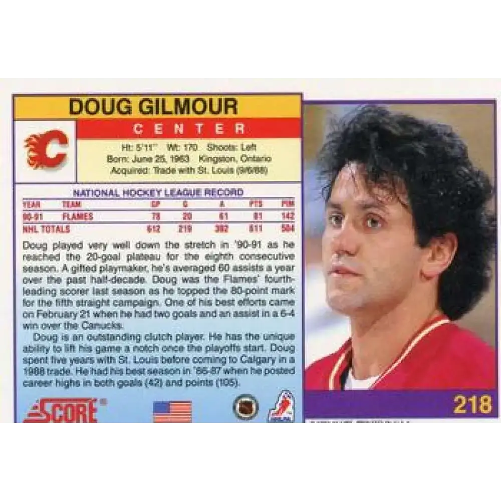 1991-92 Score American #218 Doug Gilmour NM-MT Calgary Flames Hockey Card - Hockey Card Single