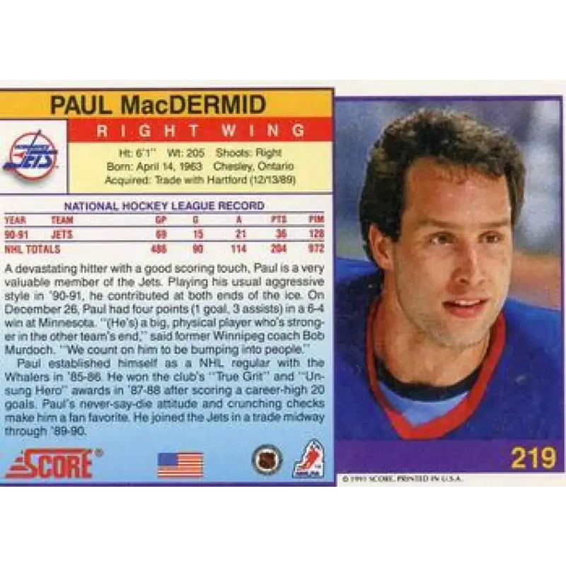 1991-92 Score American #219 Paul MacDermid NM-MT Winnipeg Jets Hockey Card - Hockey Card Single