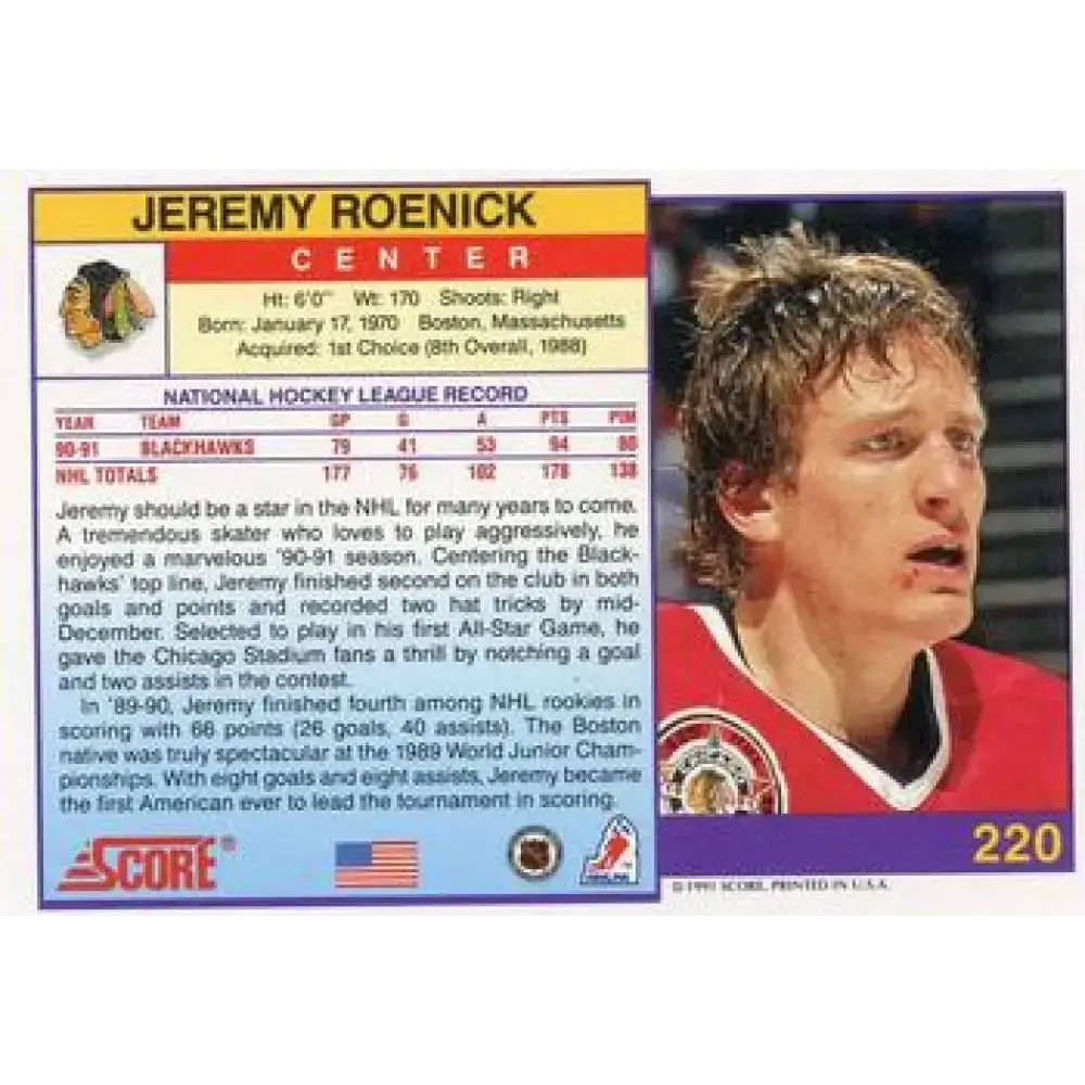 1991-92 Score American #220 Jeremy Roenick NM-MT Chicago Blackhawks Hockey Card