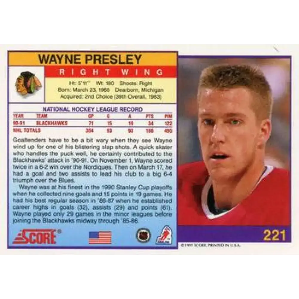 1991-92 Score American #221 Wayne Presley NM-MT Chicago Blackhawks Hockey Card - Hockey Card Single