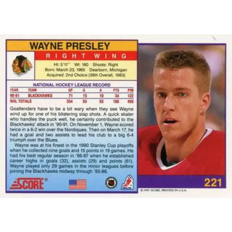 1991-92 Score American #221 Wayne Presley NM-MT Chicago Blackhawks Hockey Card - Hockey Card Single