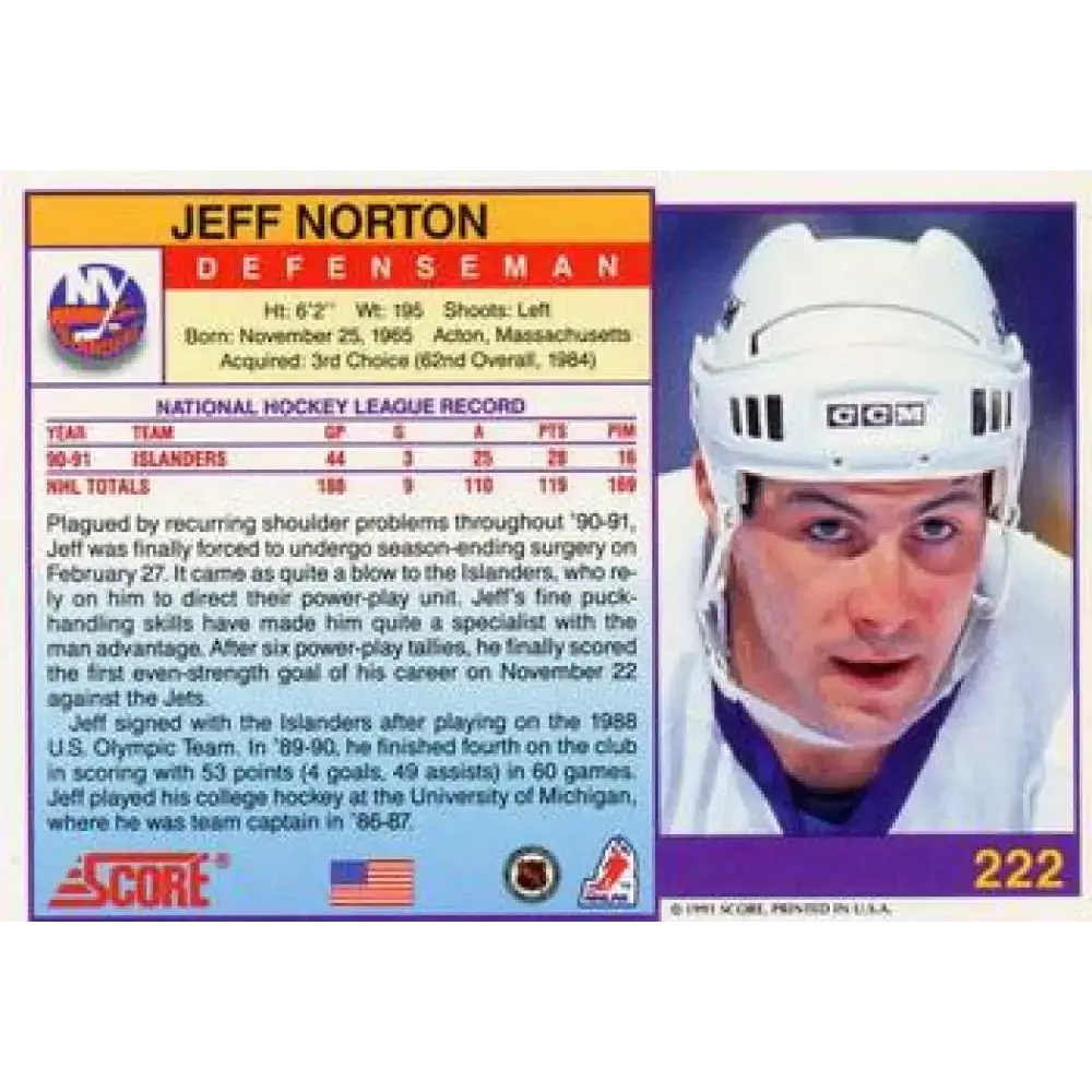 1991-92 Score American #222 Jeff Norton NM-MT New York Islanders Hockey Card - Hockey Card Single