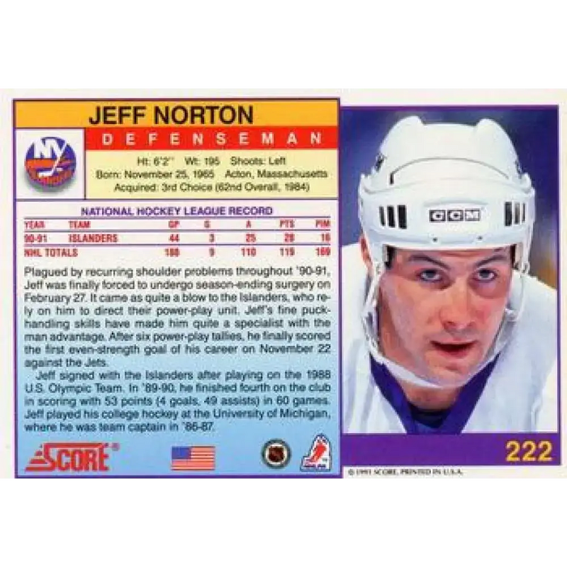 1991-92 Score American #222 Jeff Norton NM-MT New York Islanders Hockey Card - Hockey Card Single
