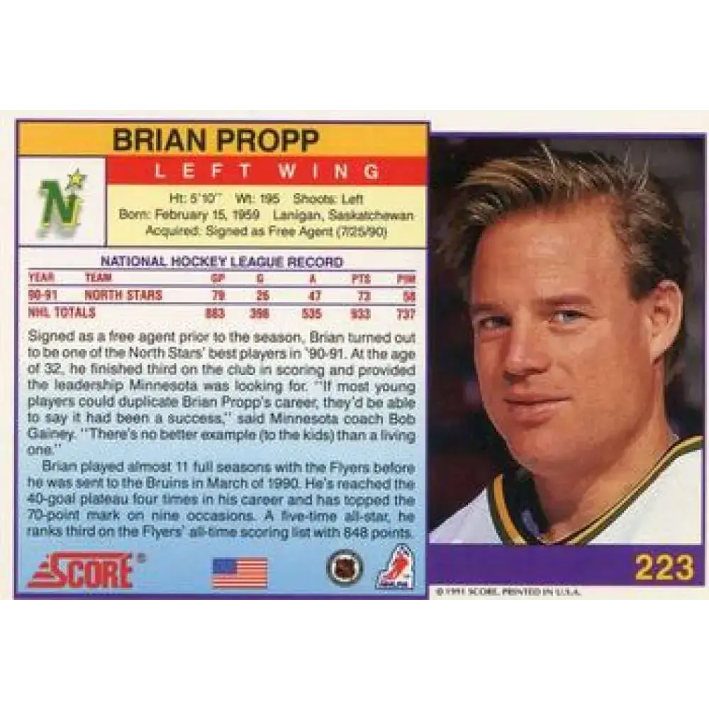 1991-92 Score American #223 Brian Propp NM-MT Minnesota North Stars Hockey Card - Hockey Card Single
