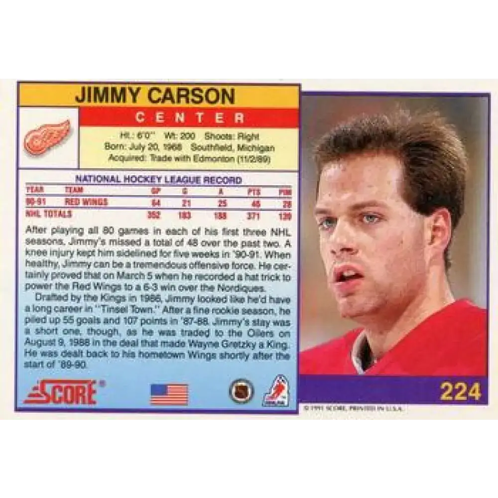 1991-92 Score American #224 Jimmy Carson NM-MT Detroit Red Wings Hockey Card - Hockey Card Single