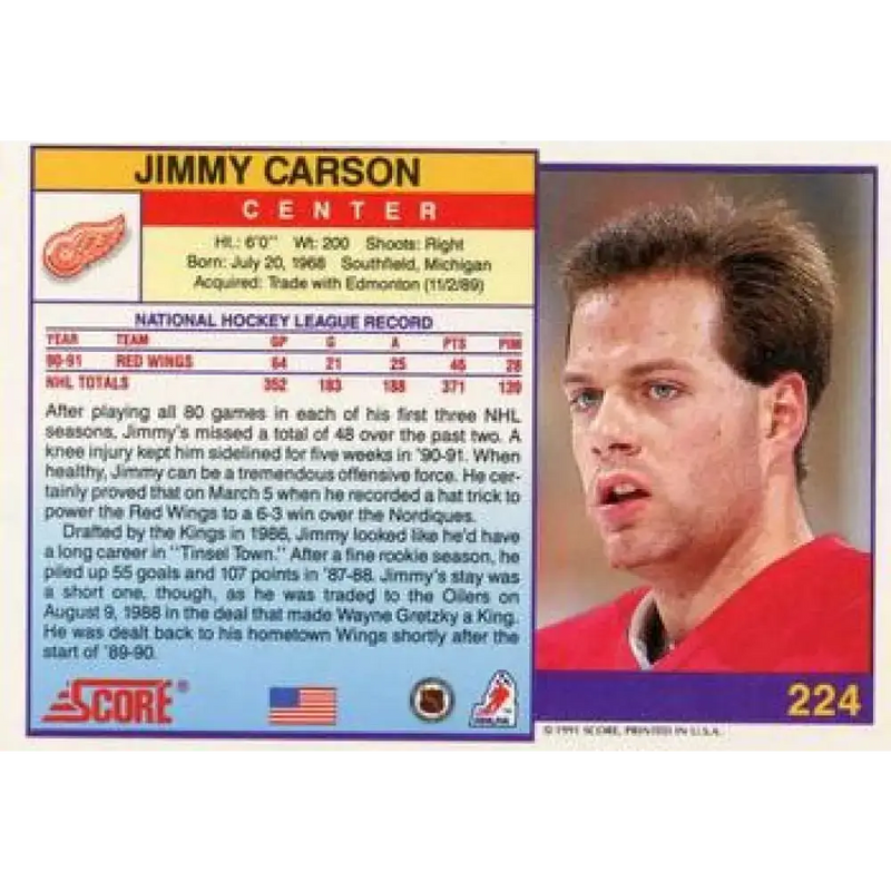 1991-92 Score American #224 Jimmy Carson NM-MT Detroit Red Wings Hockey Card - Hockey Card Single