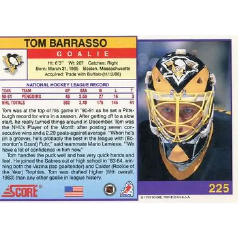 1991-92 Score American #225 Tom Barrasso NM-MT Pittsburgh Penguins Hockey Card - Hockey Card Single