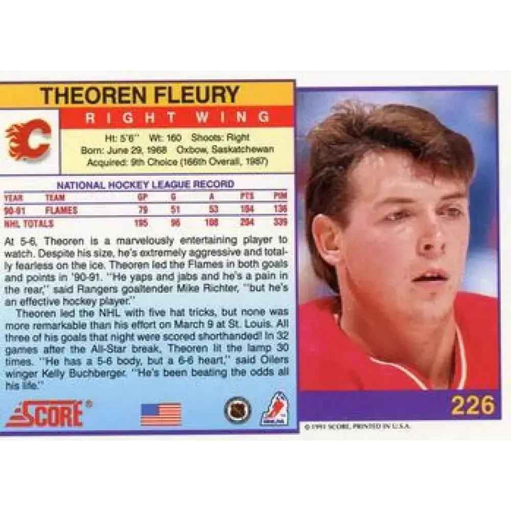 1991-92 Score American #226 Theo Fleury NM-MT Calgary Flames Hockey Card - Hockey Card Single