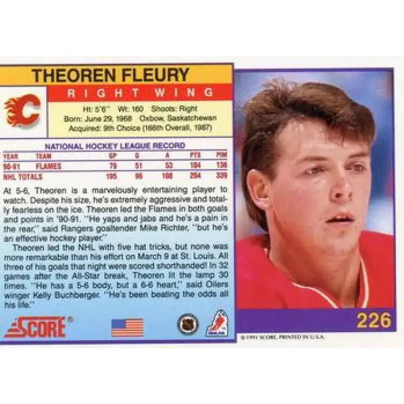 1991-92 Score American #226 Theo Fleury NM-MT Calgary Flames Hockey Card - Hockey Card Single
