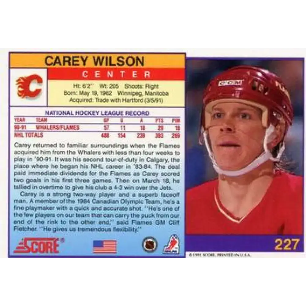 1991-92 Score American #227 Carey Wilson NM-MT Calgary Flames Hockey Card - Hockey Card Single