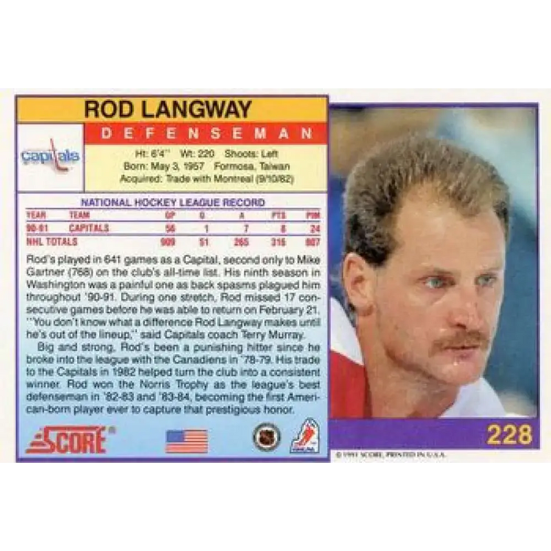 1991-92 Score American #228 Rod Langway NM-MT Washington Capitals Hockey Card - Hockey Card Single