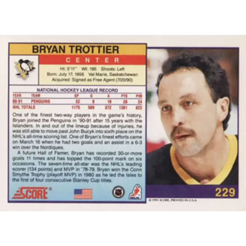 1991-92 Score American #229 Bryan Trottier NM-MT Pittsburgh Penguins Hockey Card - Hockey Card Single