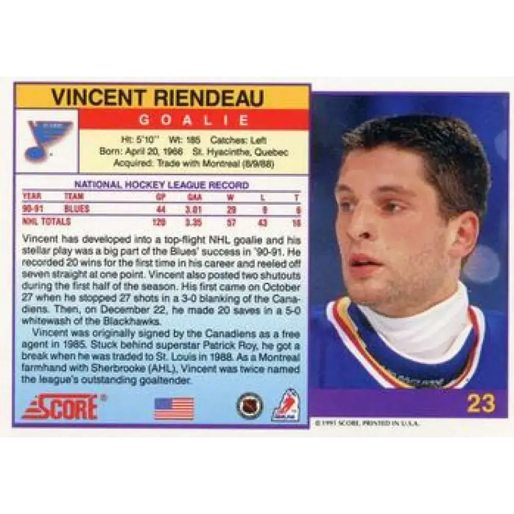 1991-92 Score American #23 Vincent Riendeau NM-MT St. Louis Blues Hockey Card - Hockey Card Single