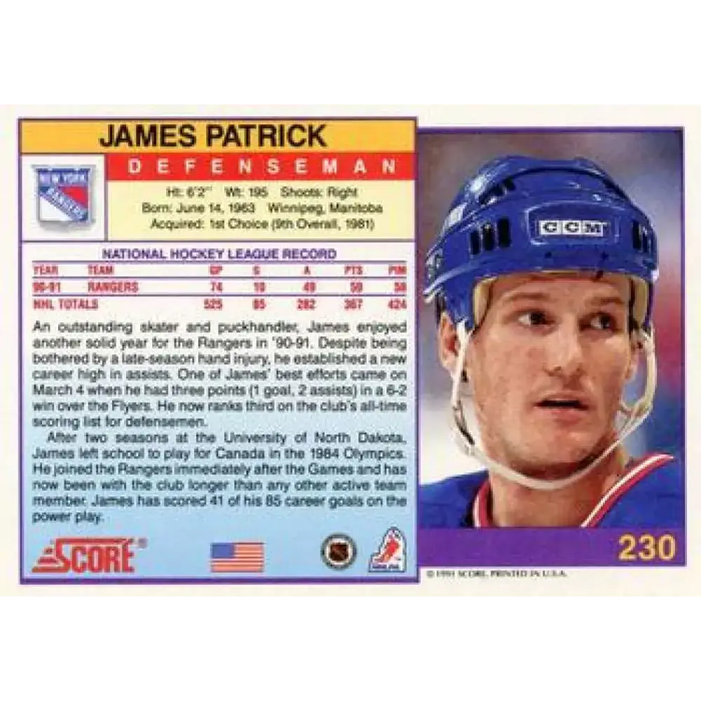 1991-92 Score American #230 James Patrick NM-MT New York Rangers Hockey Card - Hockey Card Single