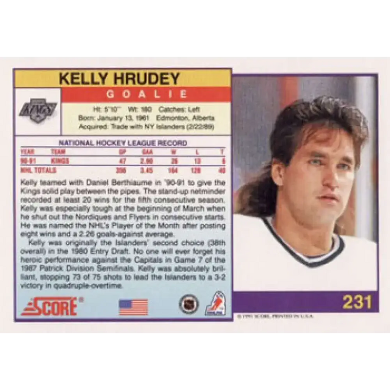 1991-92 Score American #231 Kelly Hrudey NM-MT Los Angeles Kings Hockey Card - Hockey Card Single