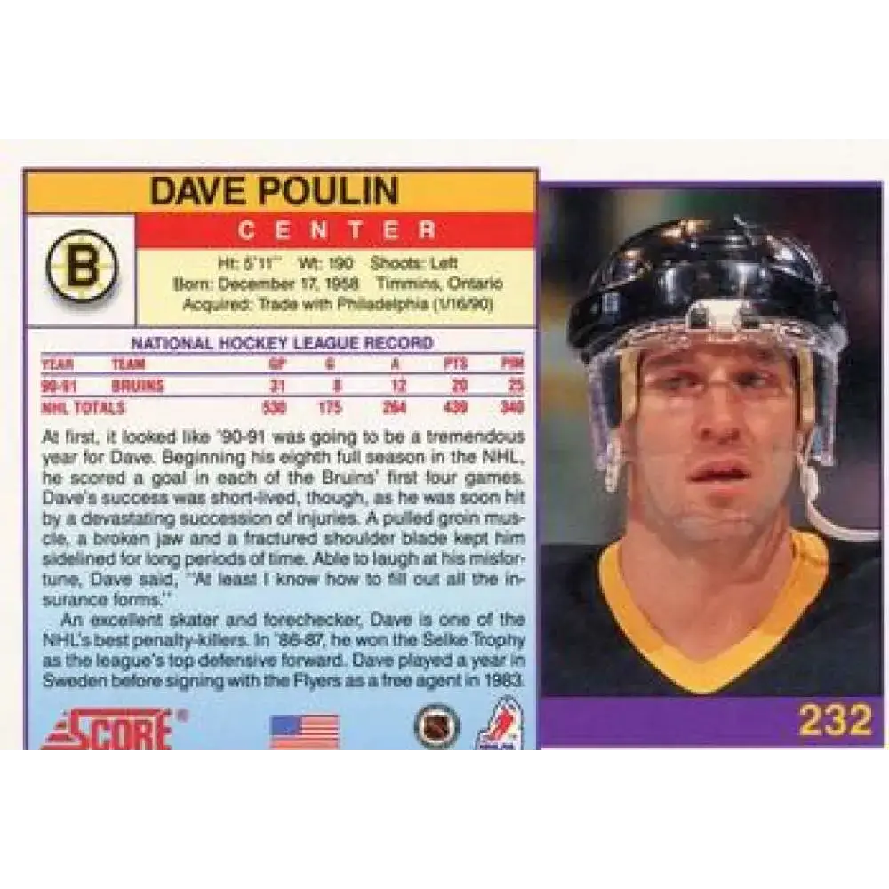 1991-92 Score American #232 Dave Poulin NM-MT Boston Bruins Hockey Card - Hockey Card Single