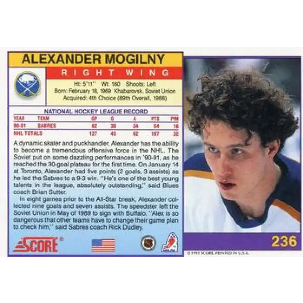 1991-92 Score American #236 Alexander Mogilny NM-MT Buffalo Sabres Hockey Card - Hockey Card Single