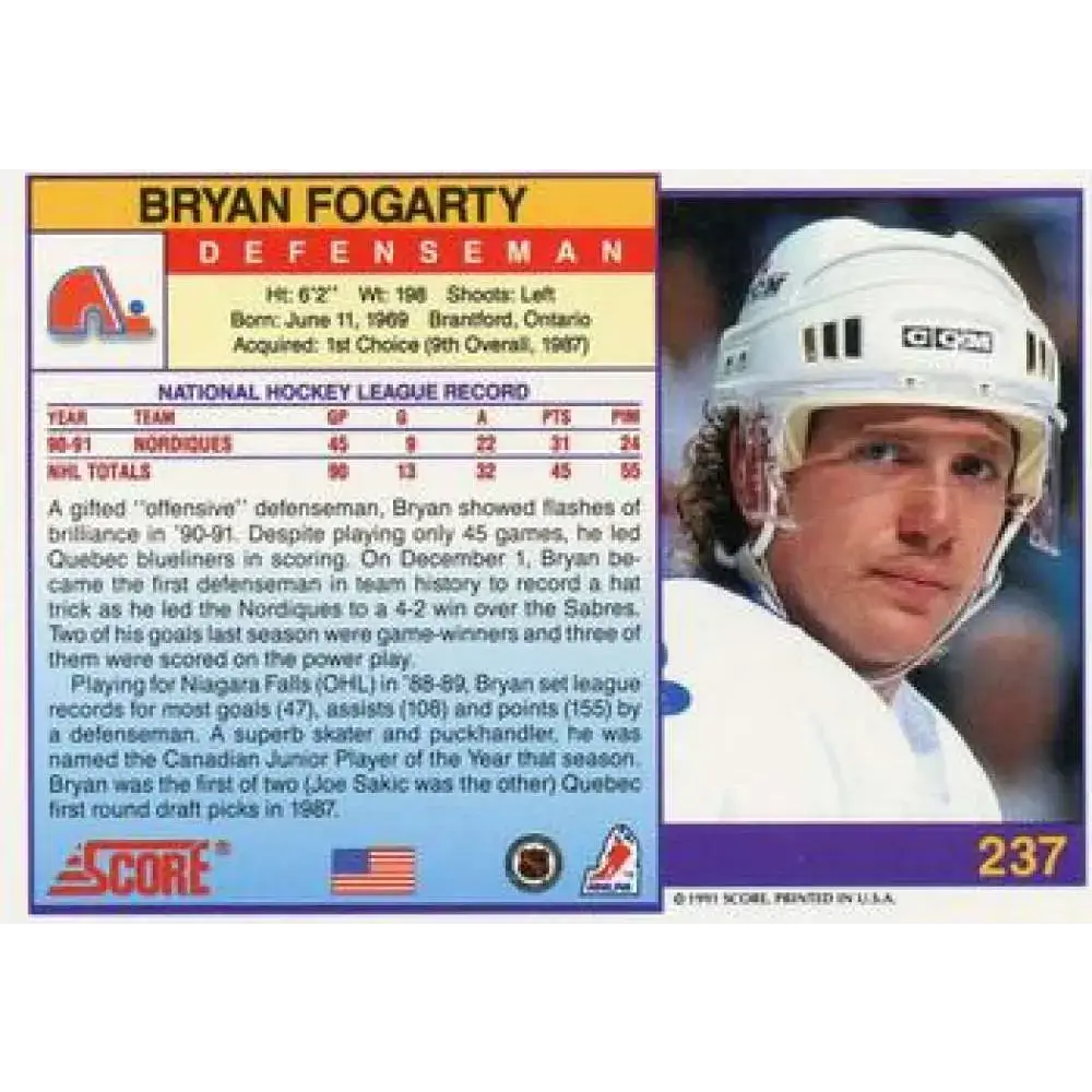 1991-92 Score American #237 Bryan Fogarty NM-MT Quebec Nordiques Hockey Card - Hockey Card Single