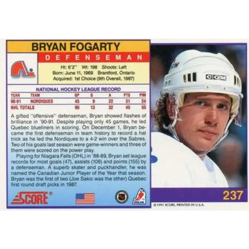 1991-92 Score American #237 Bryan Fogarty NM-MT Quebec Nordiques Hockey Card - Hockey Card Single