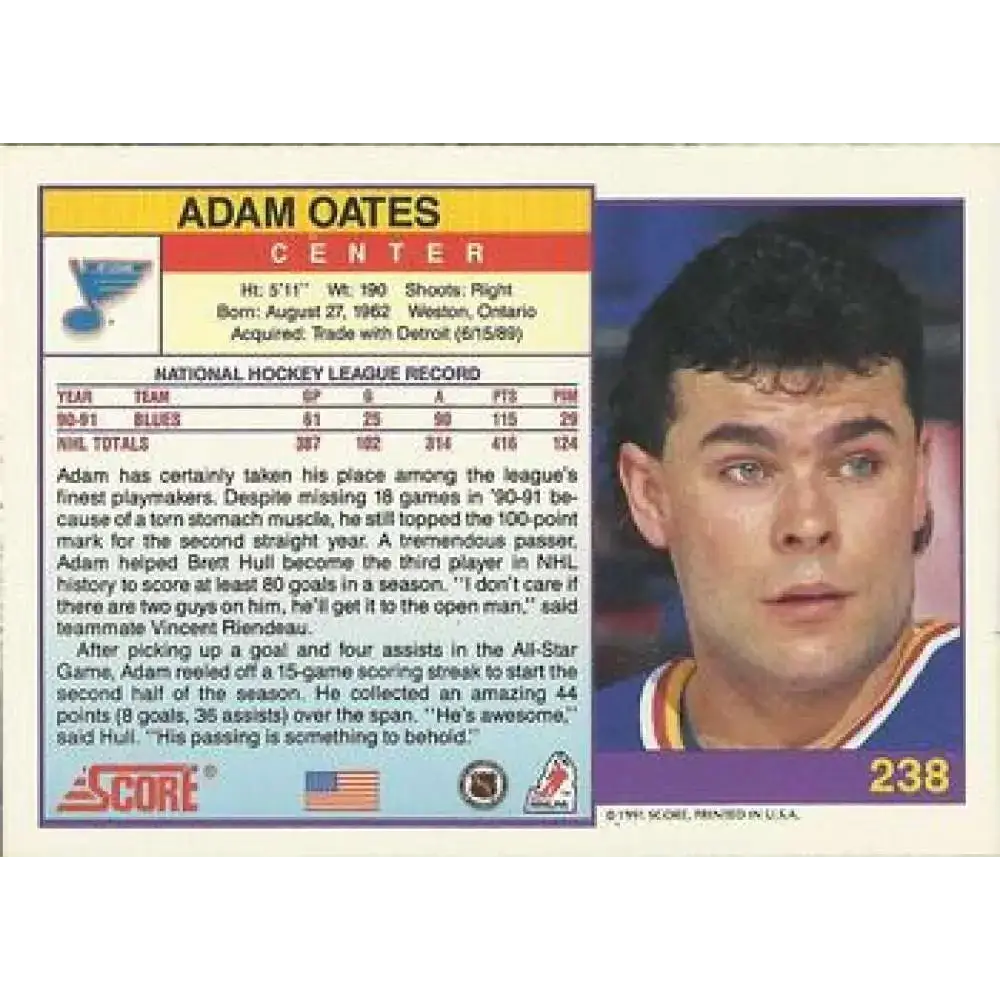 1991-92 Score American #238 Adam Oates NM-MT St. Louis Blues Hockey Card - Hockey Card Single