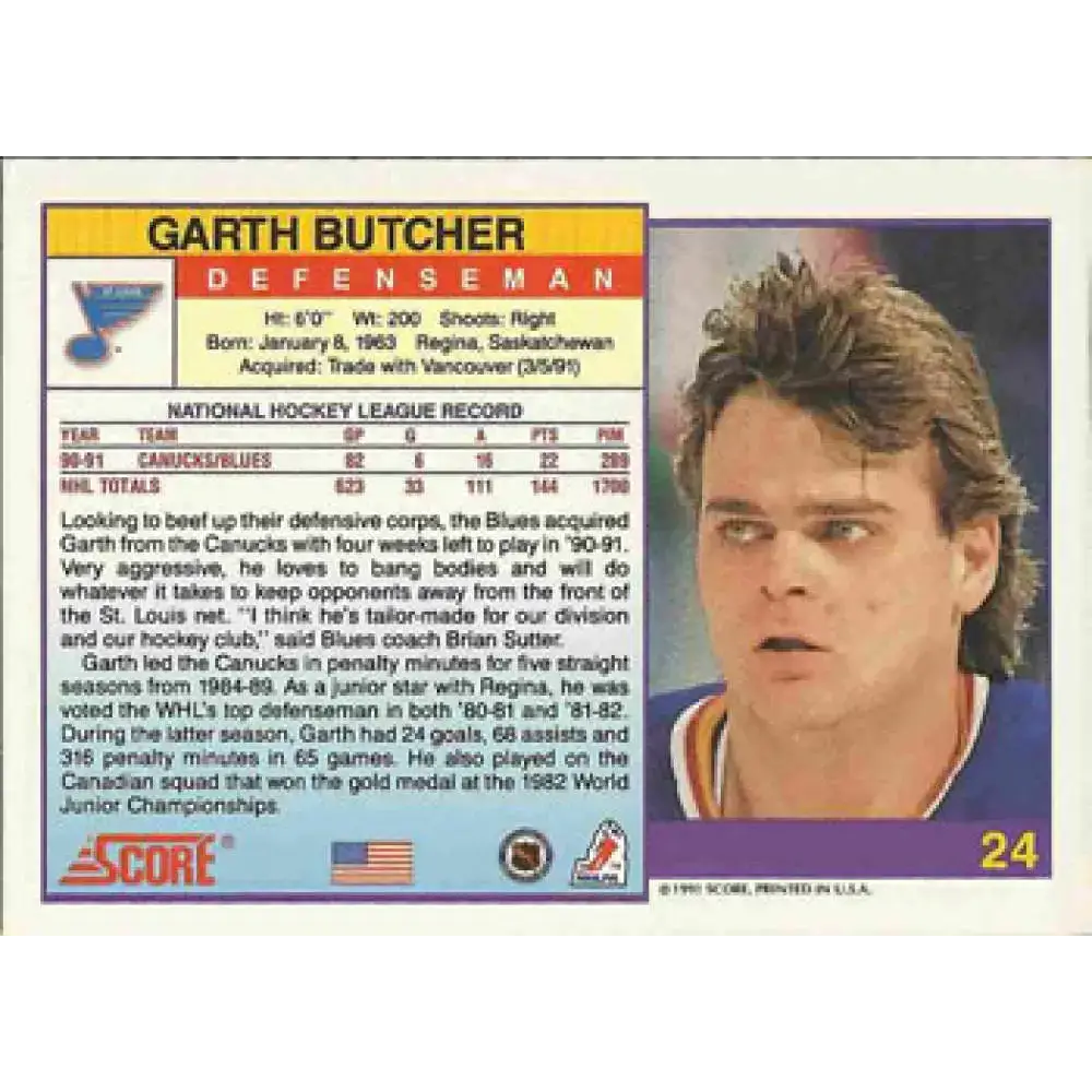 1991-92 Score American #24 Garth Butcher NM-MT St. Louis Blues Hockey Card - Hockey Card Single