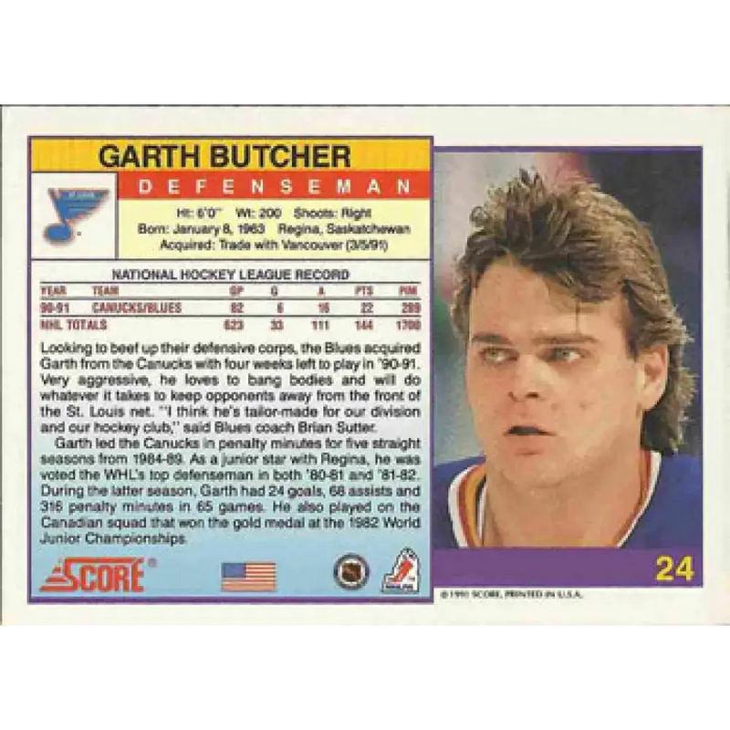 1991-92 Score American #24 Garth Butcher NM-MT St. Louis Blues Hockey Card - Hockey Card Single