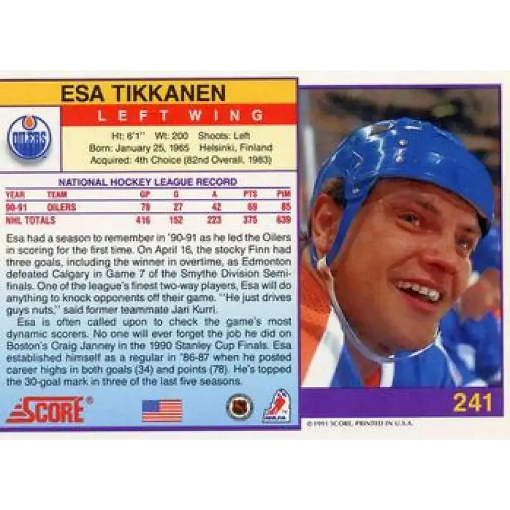 1991-92 Score American #241 Esa Tikkanen NM-MT Edmonton Oilers Hockey Card