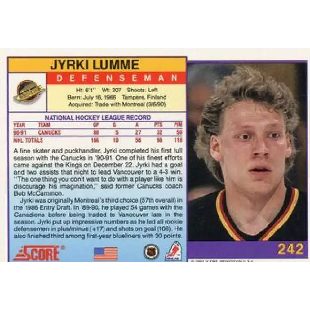 1991-92 Score American #242 Jyrki Lumme NM-MT Vancouver Canucks Hockey Card - Hockey Card Single