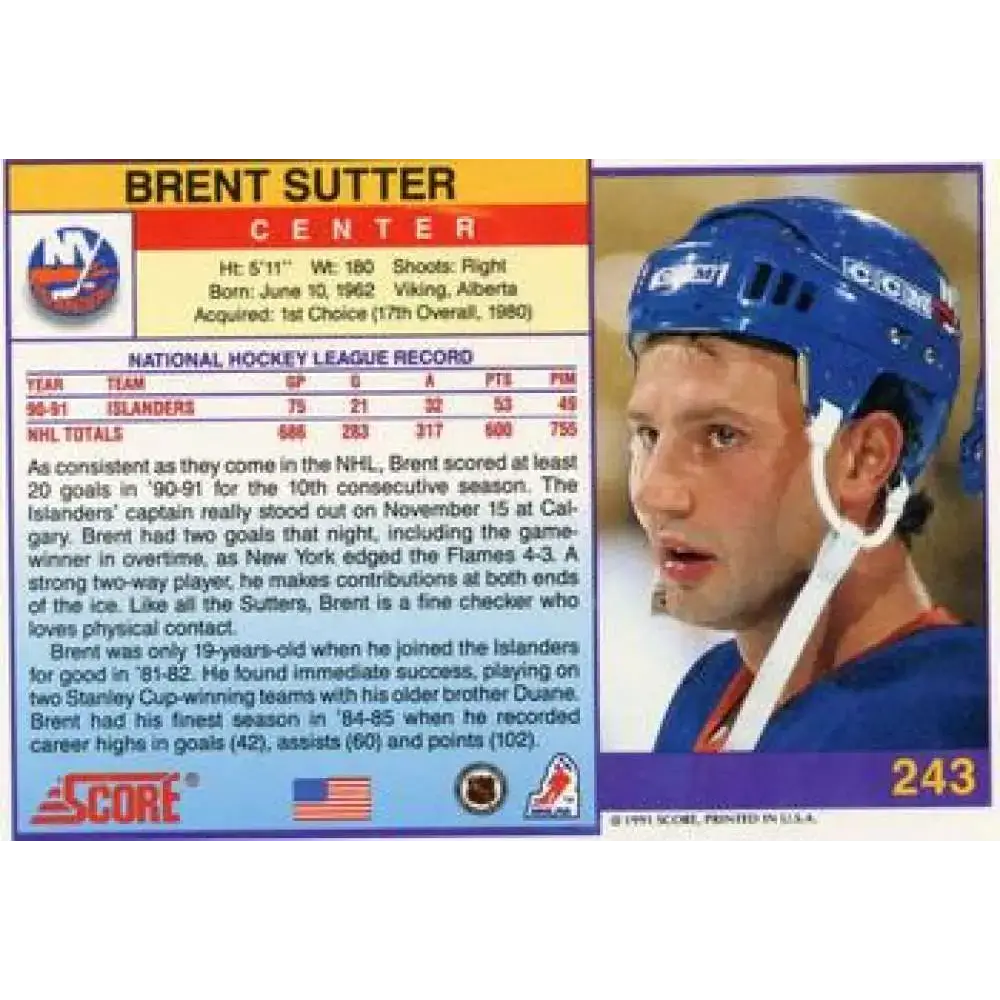 1991-92 Score American #243 Brent Sutter NM-MT New York Islanders Hockey Card - Hockey Card Single